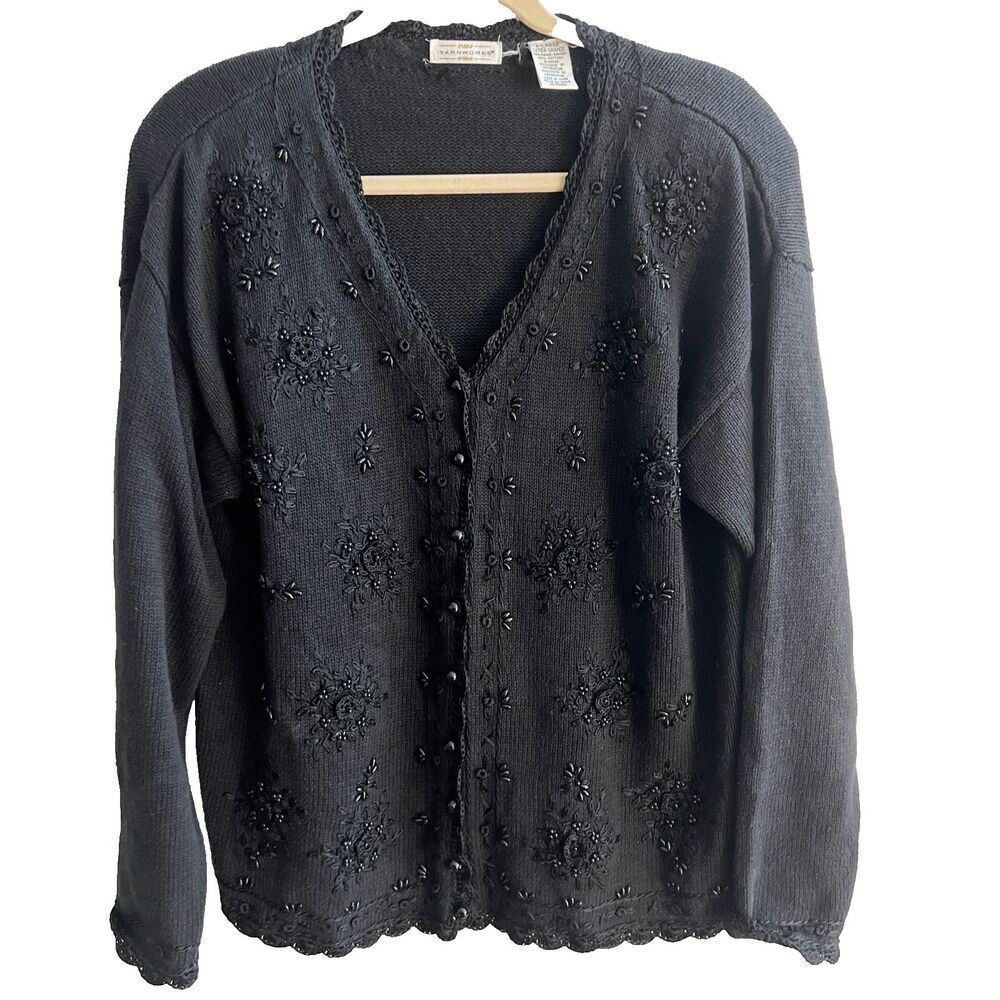 Vtg Black Knit Sweater Grandma Beaded Embroidery Flowers XL Grandma Yarnworks